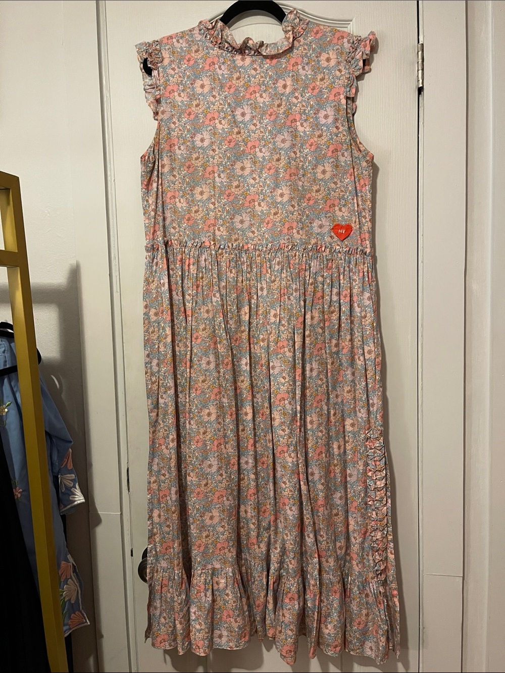 Floral Ruffle-Trim Pink Maxi Dress